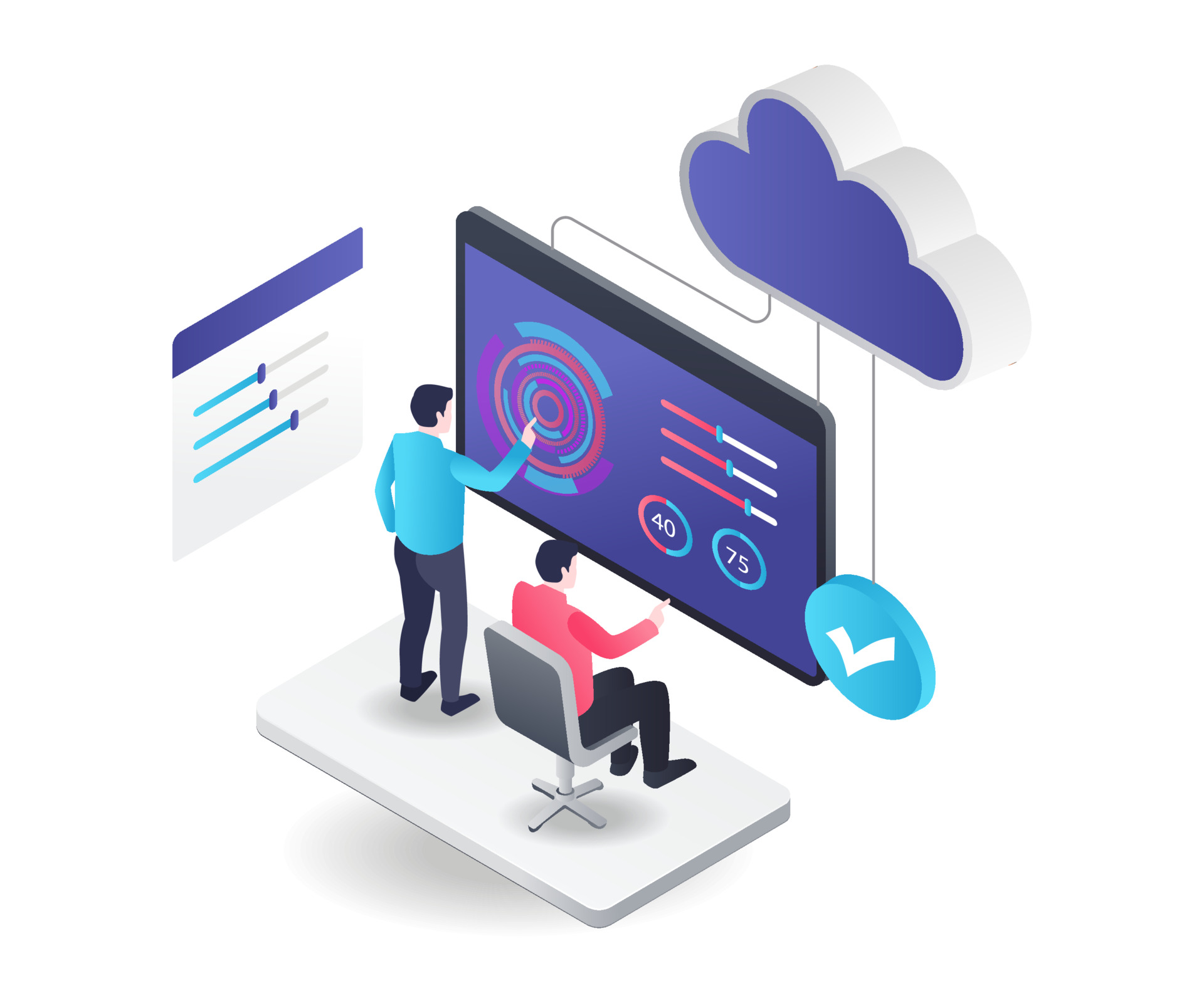 flat isometric illustration concept. two people control cloud server from monitor